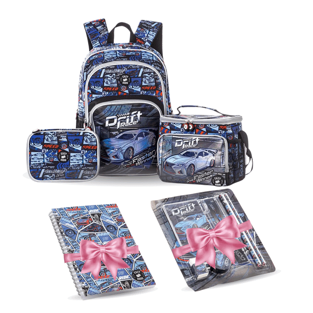 Eazy Kids - Set of 3 Backpack With Lunch Bag & Pencil Case - Car Racing