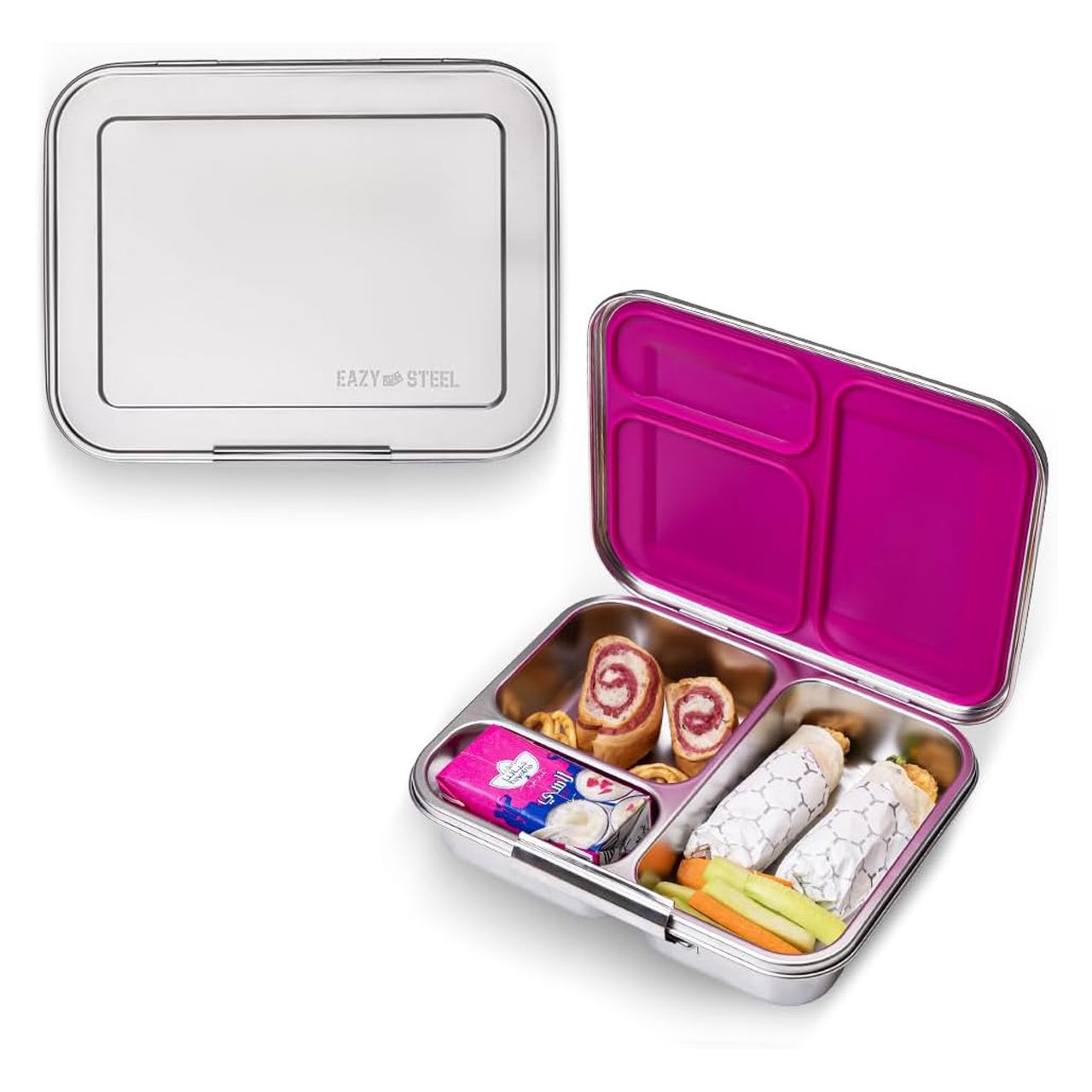 Eazy Kids - 3 Compartment Bento Steel Lunch Box - Pink