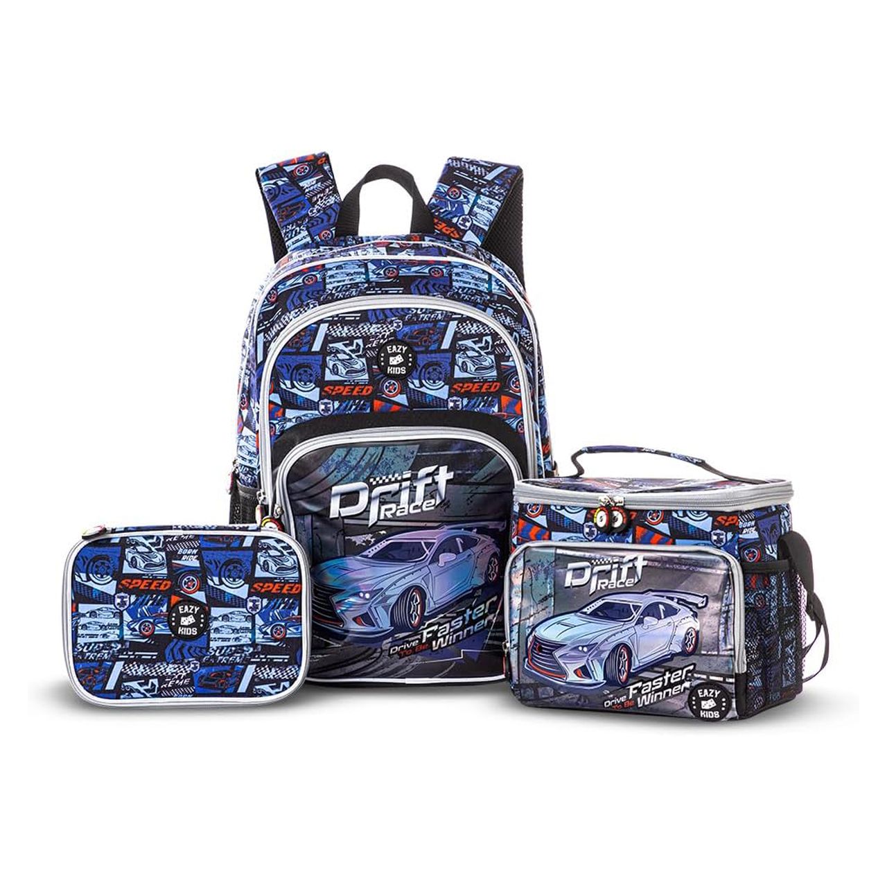 Eazy Kids - Set of 3 Backpack With Lunch Bag & Pencil Case - Car Racing