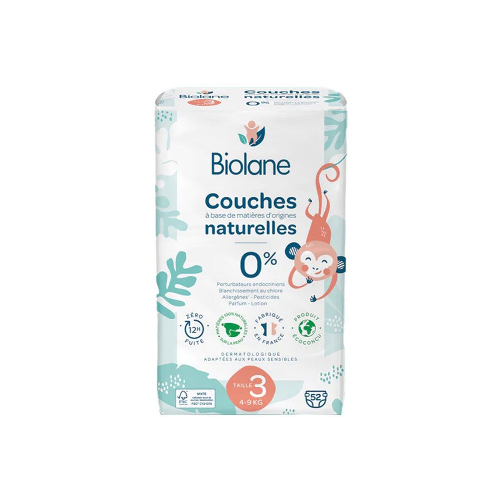 Biolane - Baby Natural Diapers Size 3 (4-9) Kg - 52 pcs