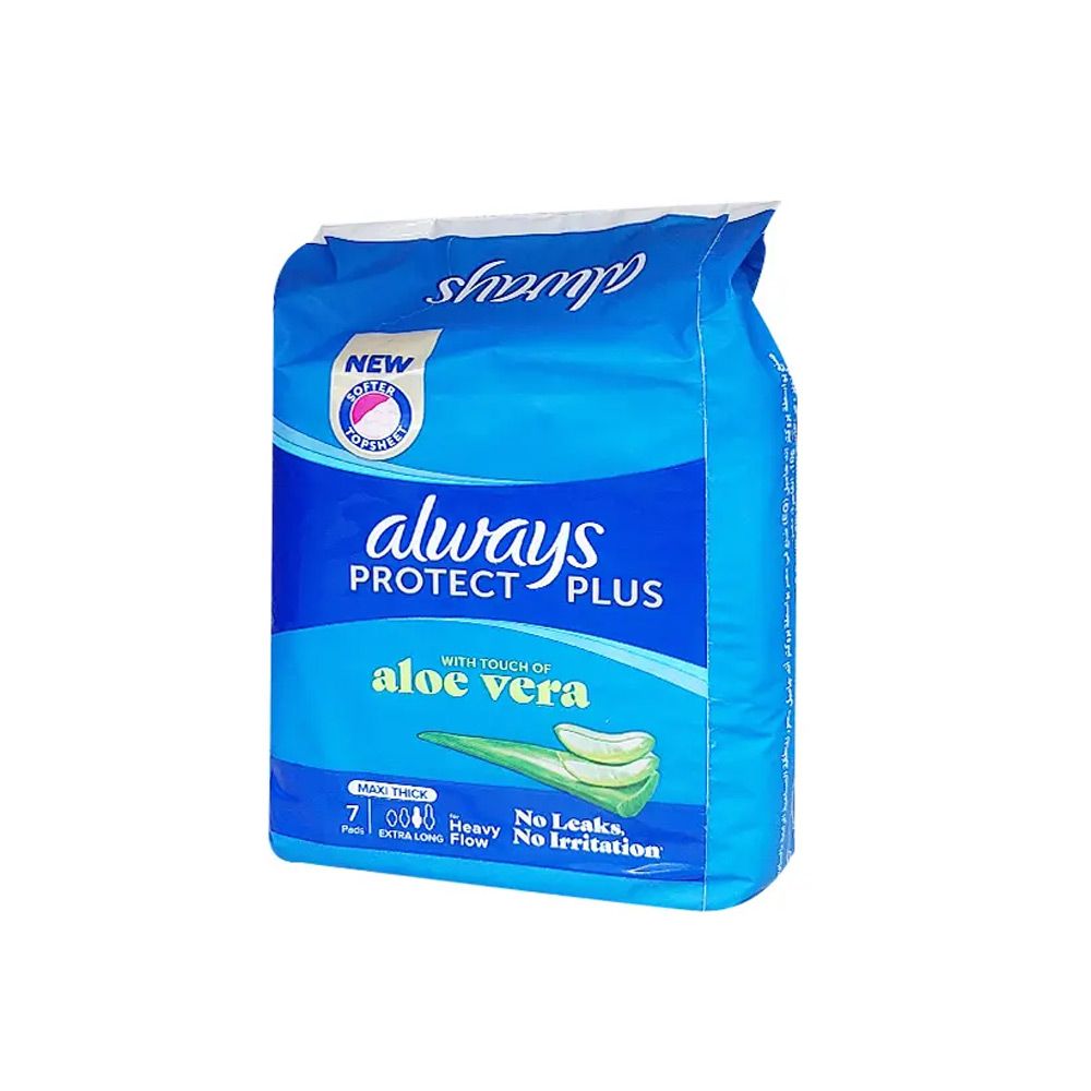 Always - Protect Plus Pads with Touch of Aloe Vera - Extra Long Heavy Flow- Maxi Thick - 7 Pads
