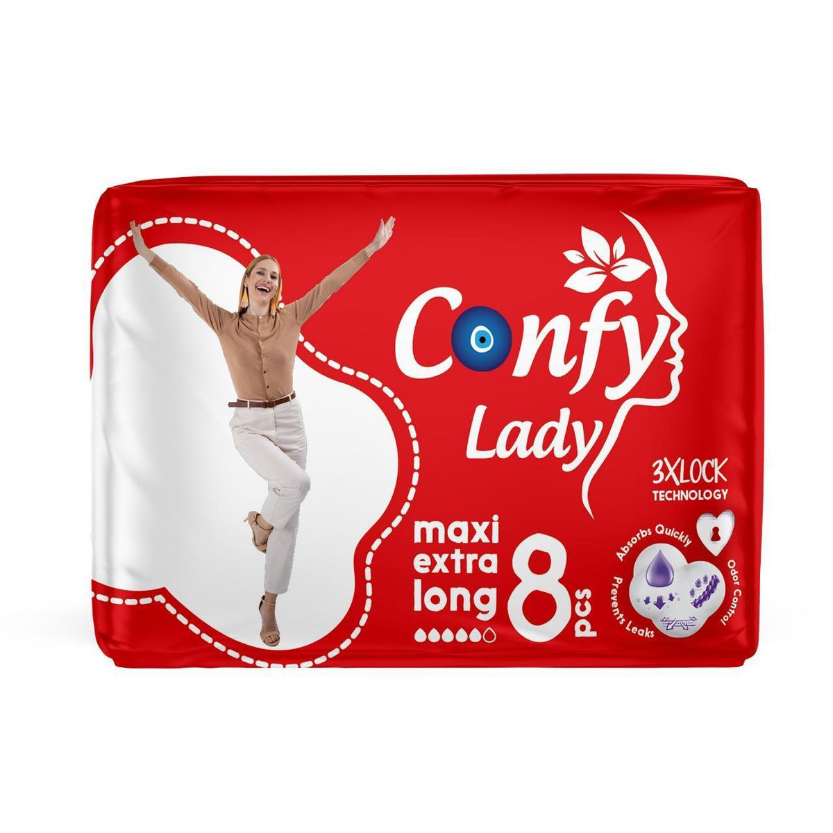 Confy - Lady Pad 3Xlock Maxi Extrs Long - 8Pcs