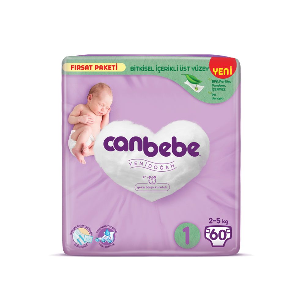 Canbebe - Number 1- Newborn Baby Economy Pack Diapers, 2 - 5 kg- 60 Diapers