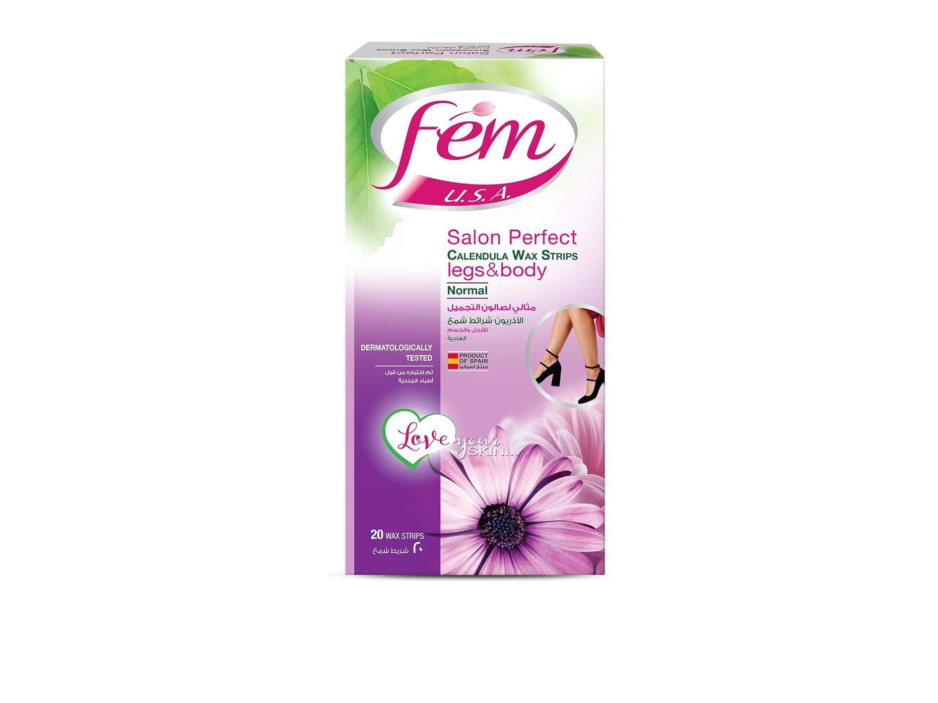 Fem - Salon Perfect Calendula Wax Strips legs&Body - Normal Skin - 20 Wax Strips