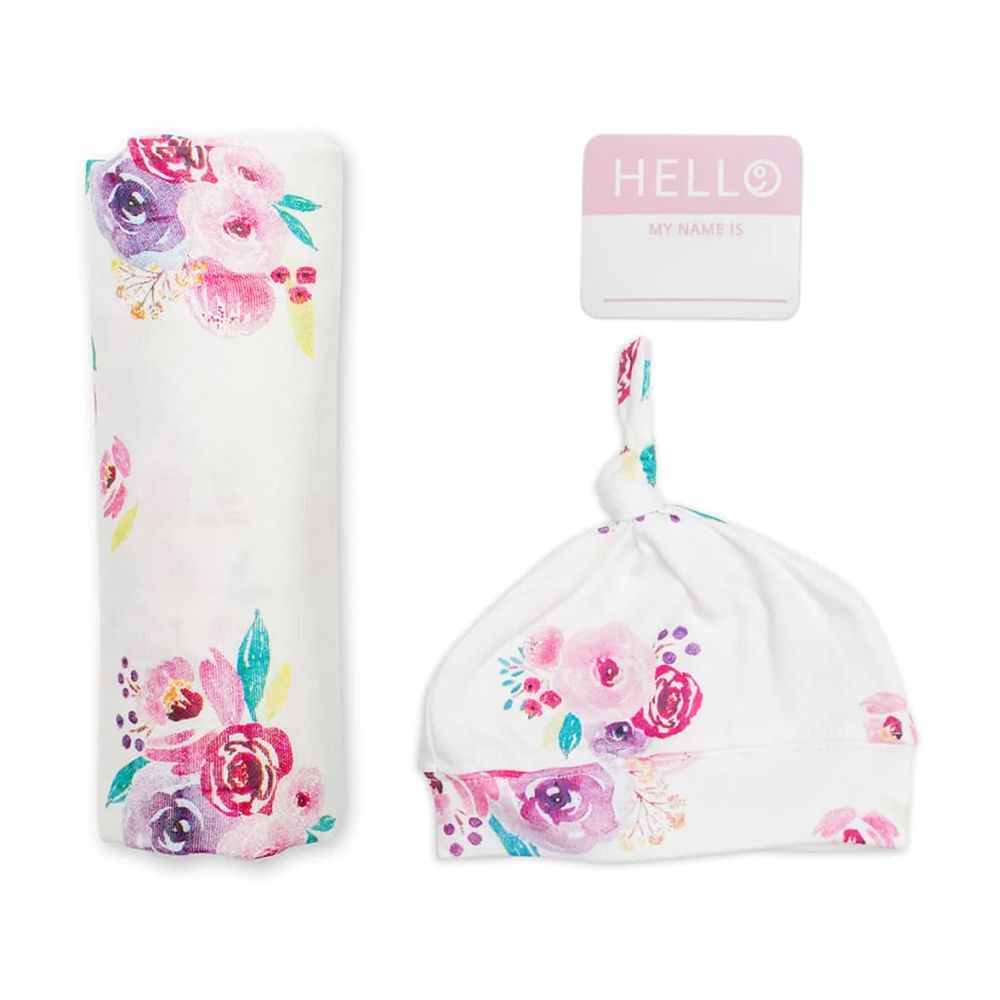 Lulujo - Hello World Swaddle & Hat Set - Posies