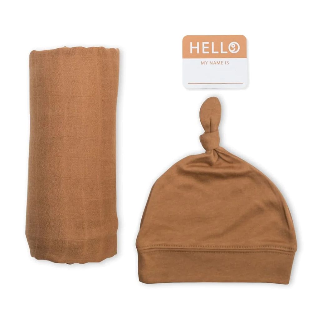 Lulujo - Hello World Swaddle & Hat Set - Tan