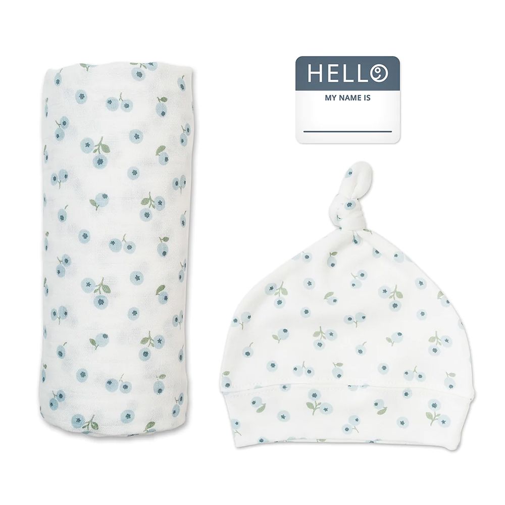 Lulujo- Hello World Swaddle & Hat Set - Blueberries