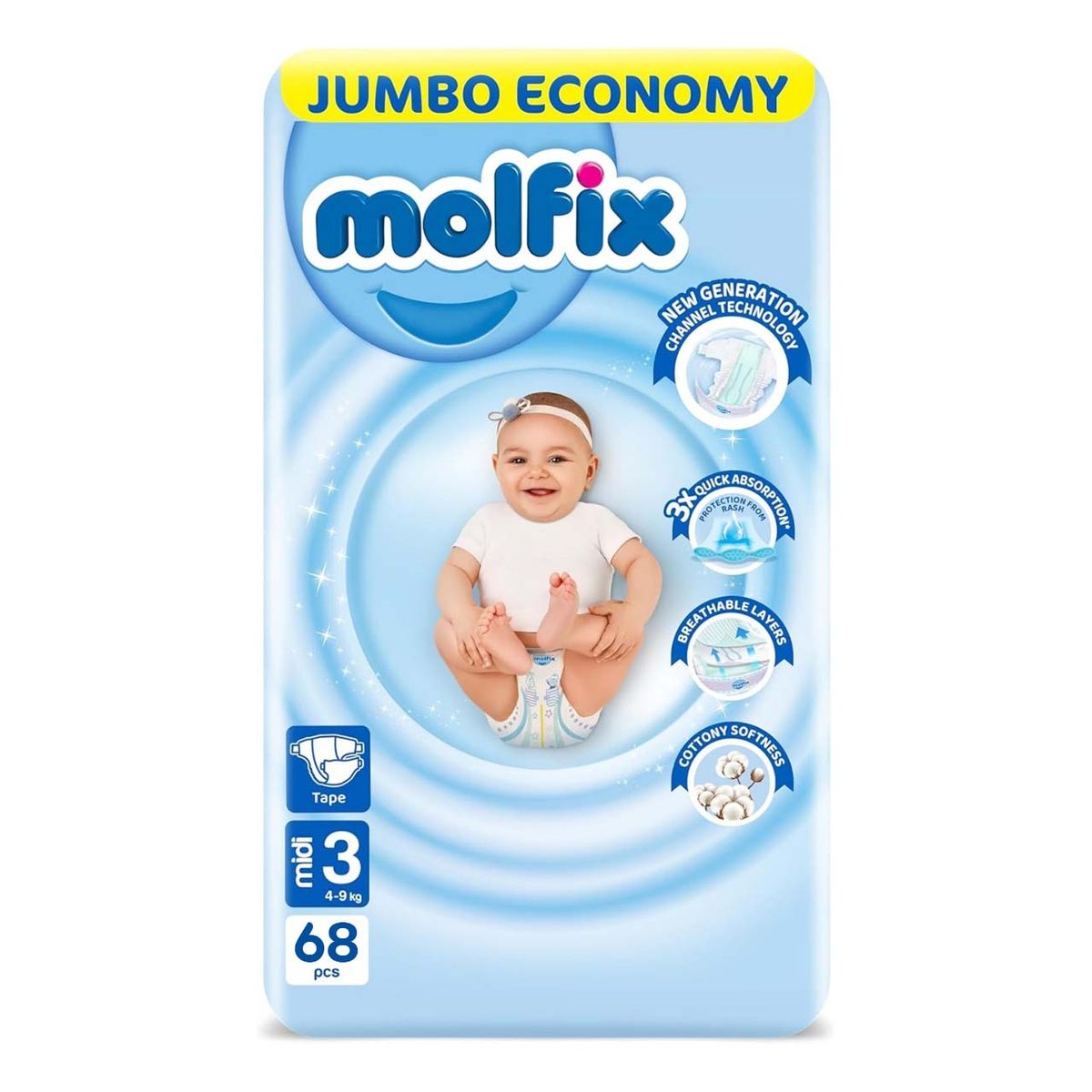 Molfix - Number 3 - Midi Tape Diaper Advantage Pack - 4-9kg - 68 Diapers