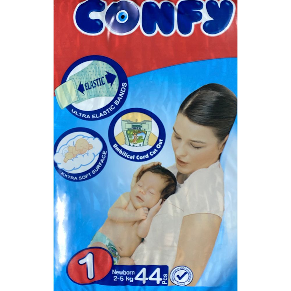 Confy Number 1 - Newborn elastic baby diapers pack, 2-5Kg, 44 Diapers