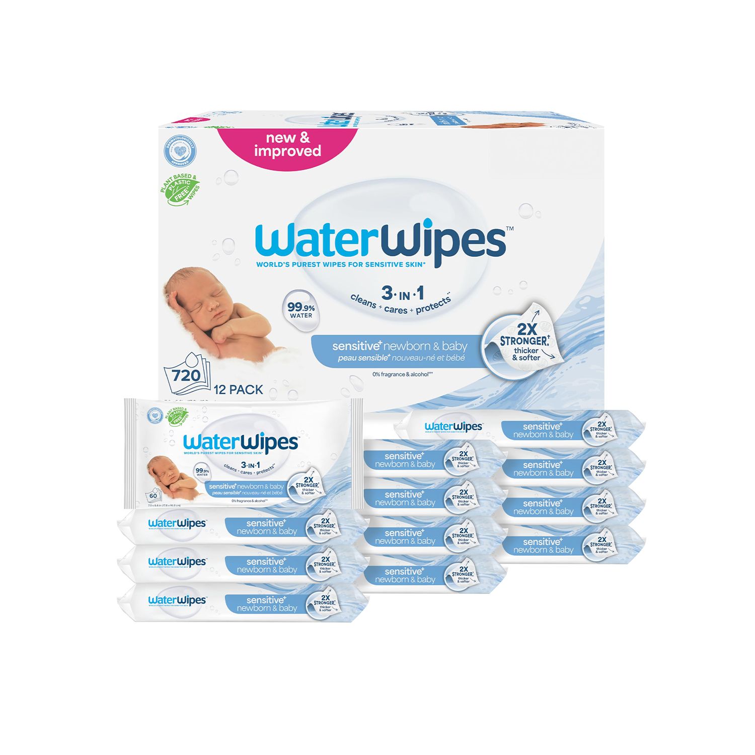 Water Wipes - Original Wet Wipes Carton, Plastic-Free, 99.9% Water - 12 Packs of 60 Wipes